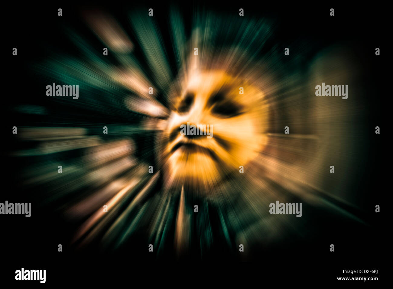 Futuristic golden cyber face with light effects, over black background. Technology and creativity concept. Stock Photo