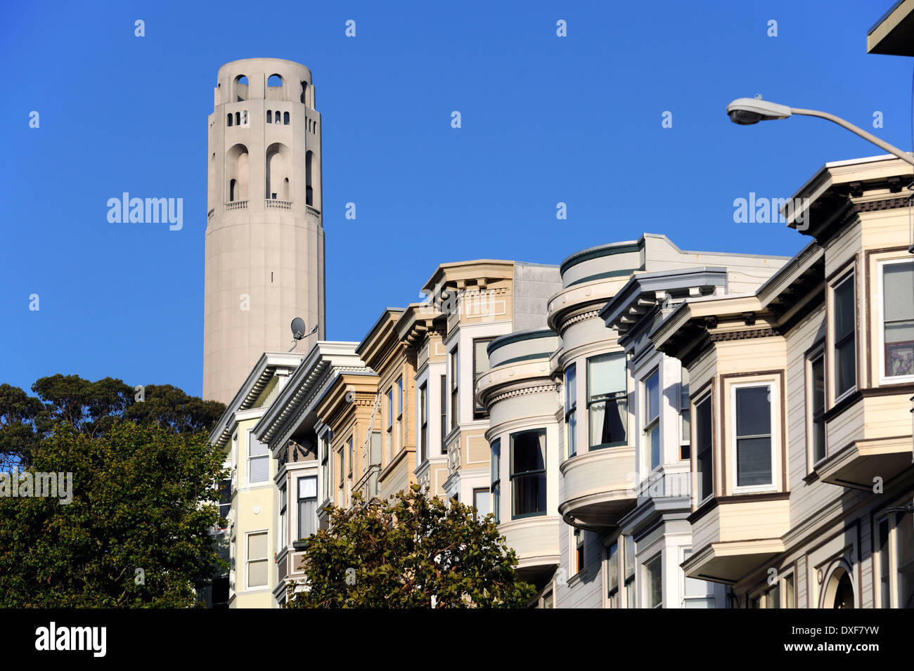 Victorian houses, Coit Tower, observation tower, San Francisco, California, USA Stock Photo