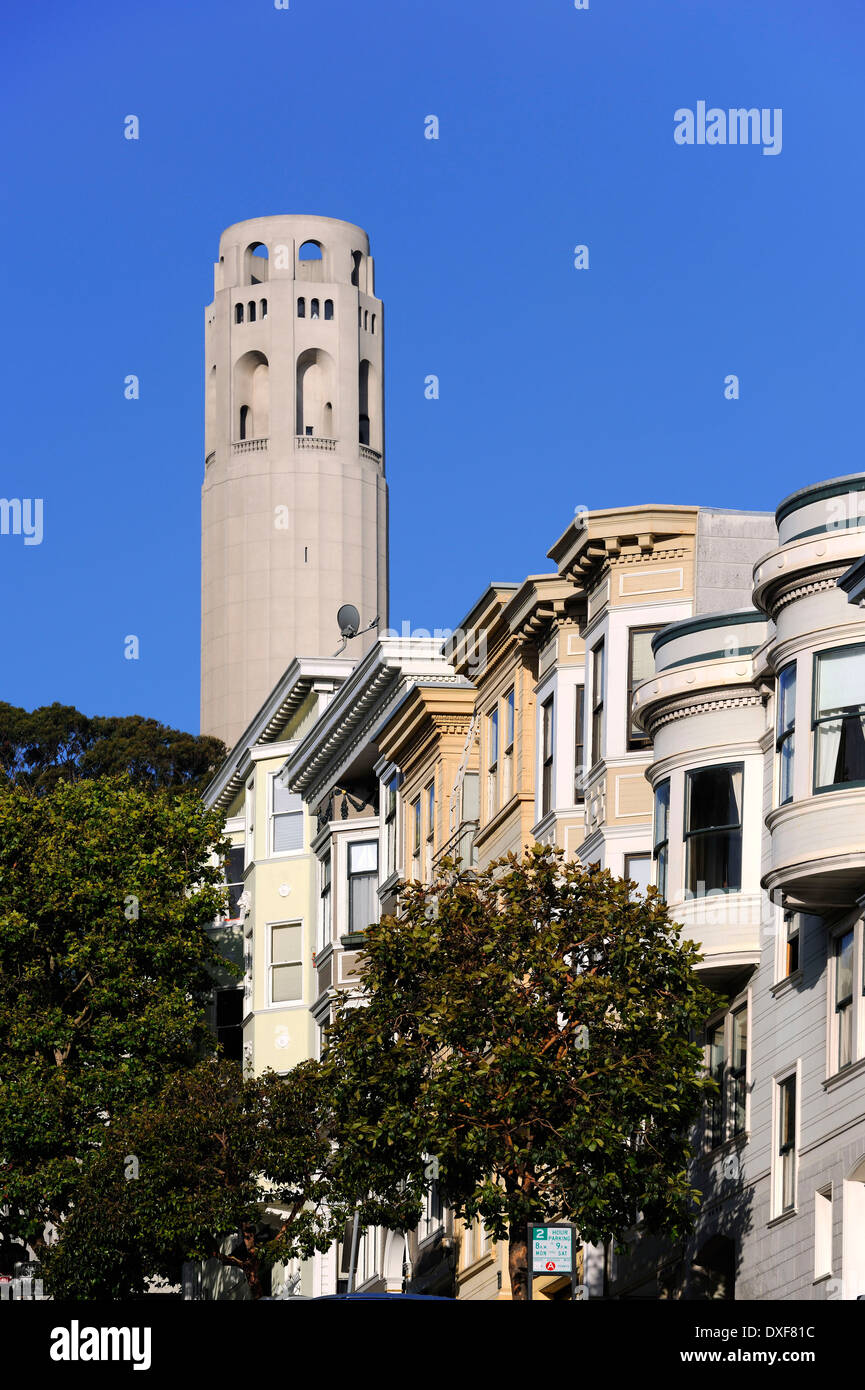 Victorian houses, Coit Tower, observation tower, San Francisco, California, USA Stock Photo
