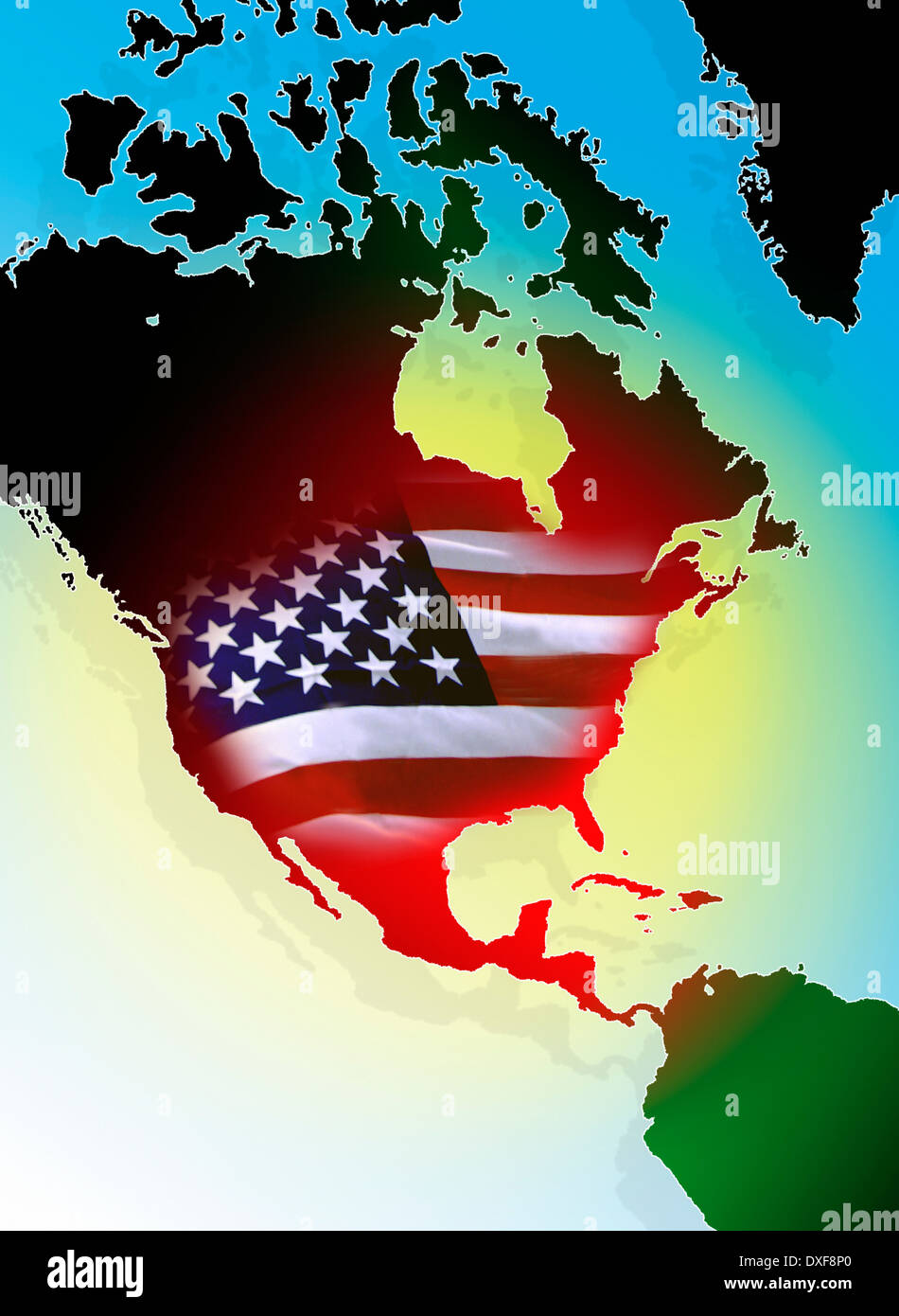 North American continent with the flag of the United States of America Stock Photo