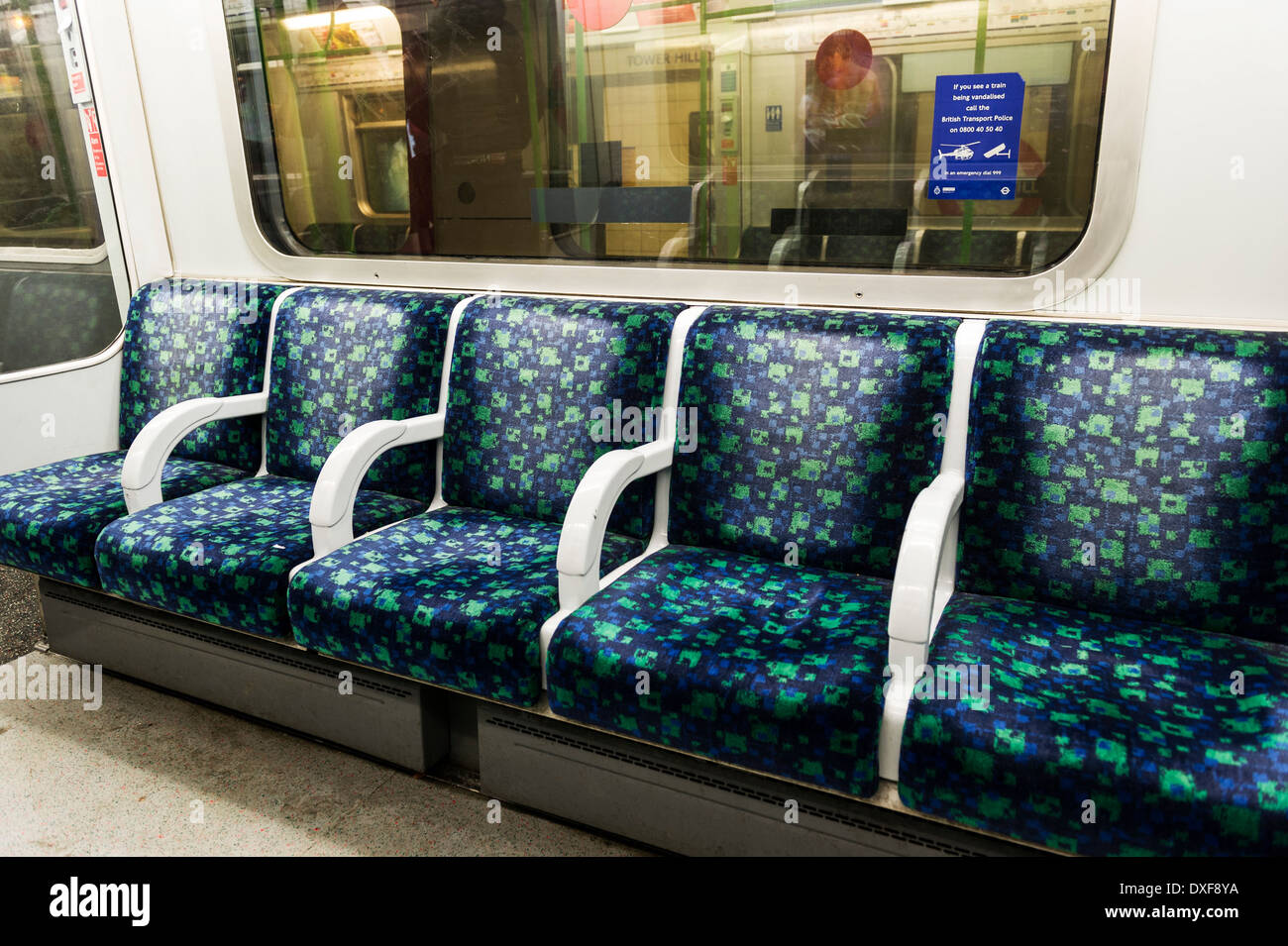 Empty seats on a London Underground Tube Train. Stock Photo