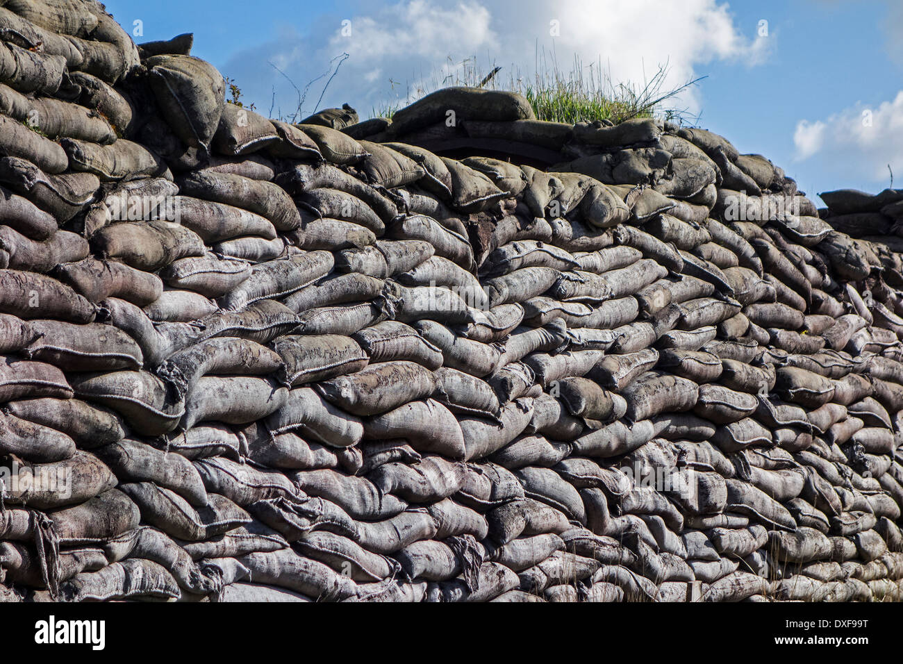 Wall of stacked sandbags in WWI trench used as defence in First World War One warfare Stock Photo