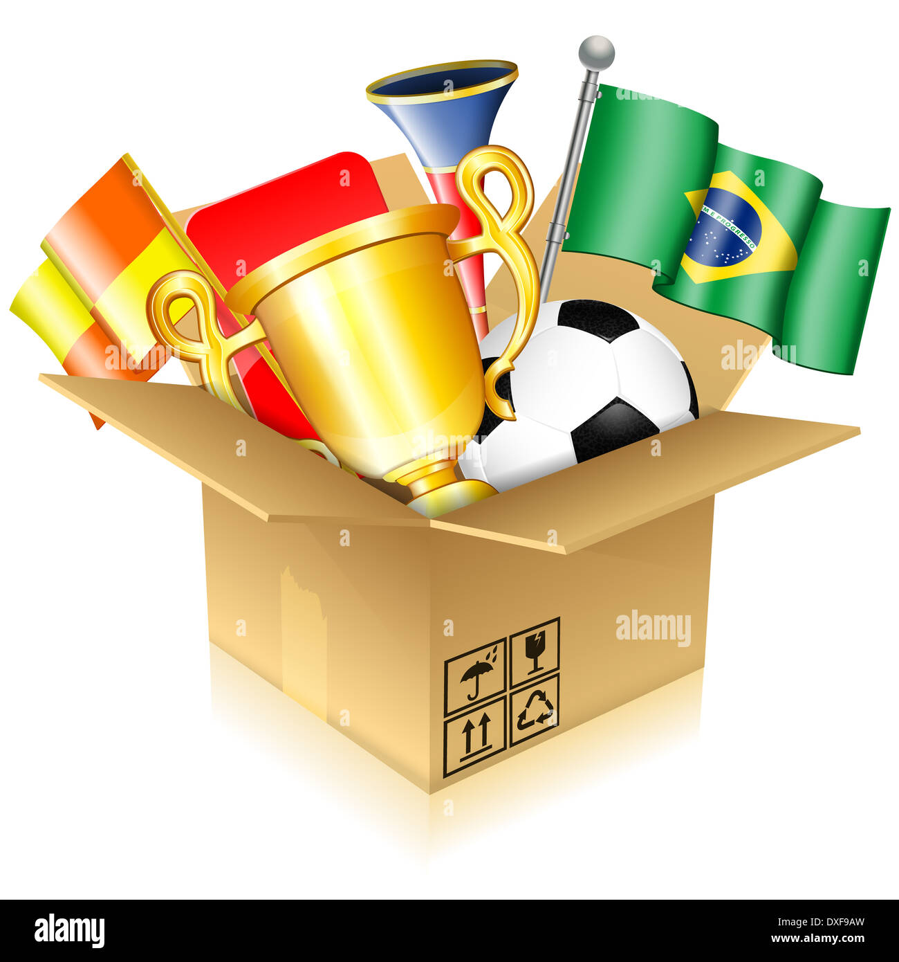 Soccer Concept Open Cardboard Box with Brazil Ball, Flag, Cup and