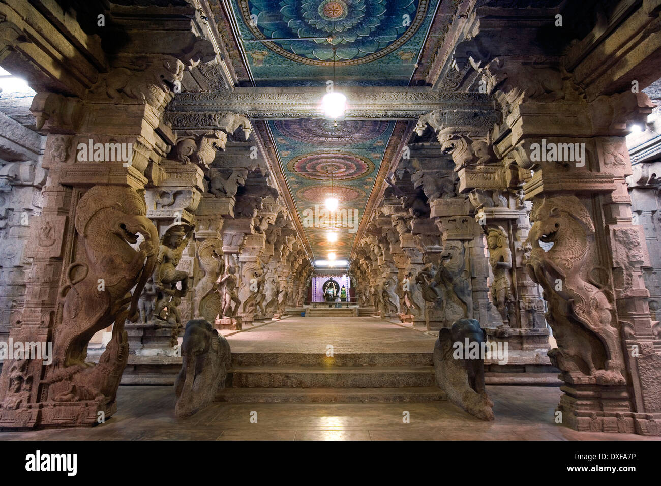 Part of the 1000 pillar hall in the Minakshi Sundareshvera Hindu Temple in the town of Madurai in the Tamil Nadu region of India Stock Photo