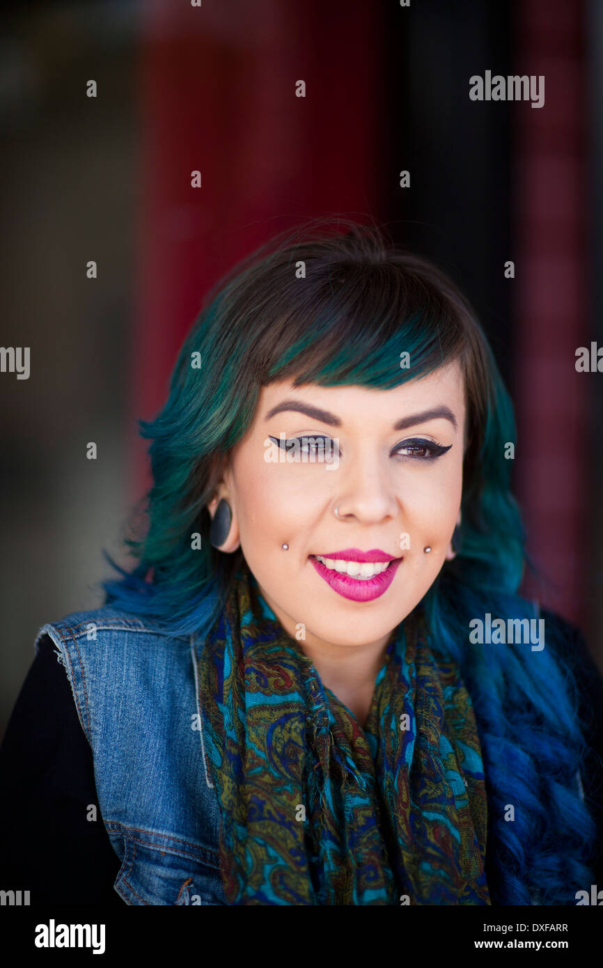 A hairstylist in front of the hair salon, Hollywood Boulevard, Los Angeles, California, United States of America Stock Photo