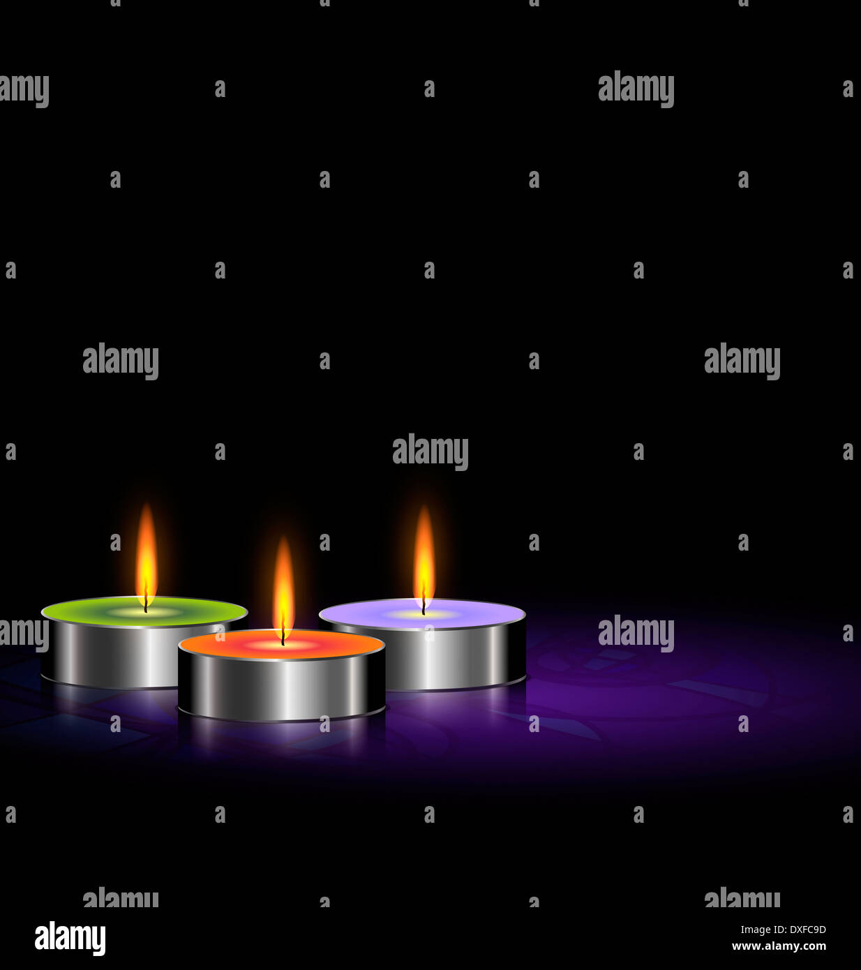 on a black background there are three burning candles Stock Photo - Alamy