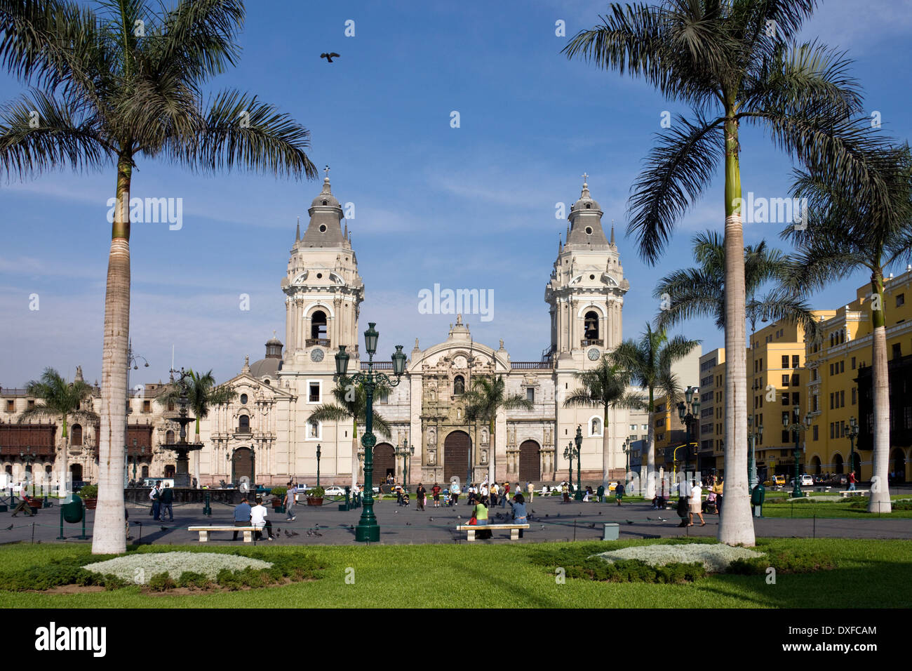 Lima Cathedral and the Bishops Palace in the Plaza de Armes in central Lima, Peru. Stock Photo