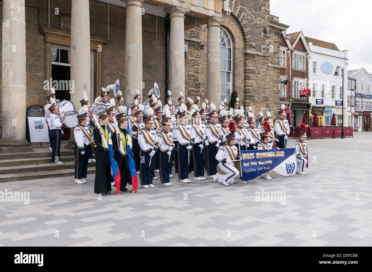 West Bend High School marching band group photograph on the steps of