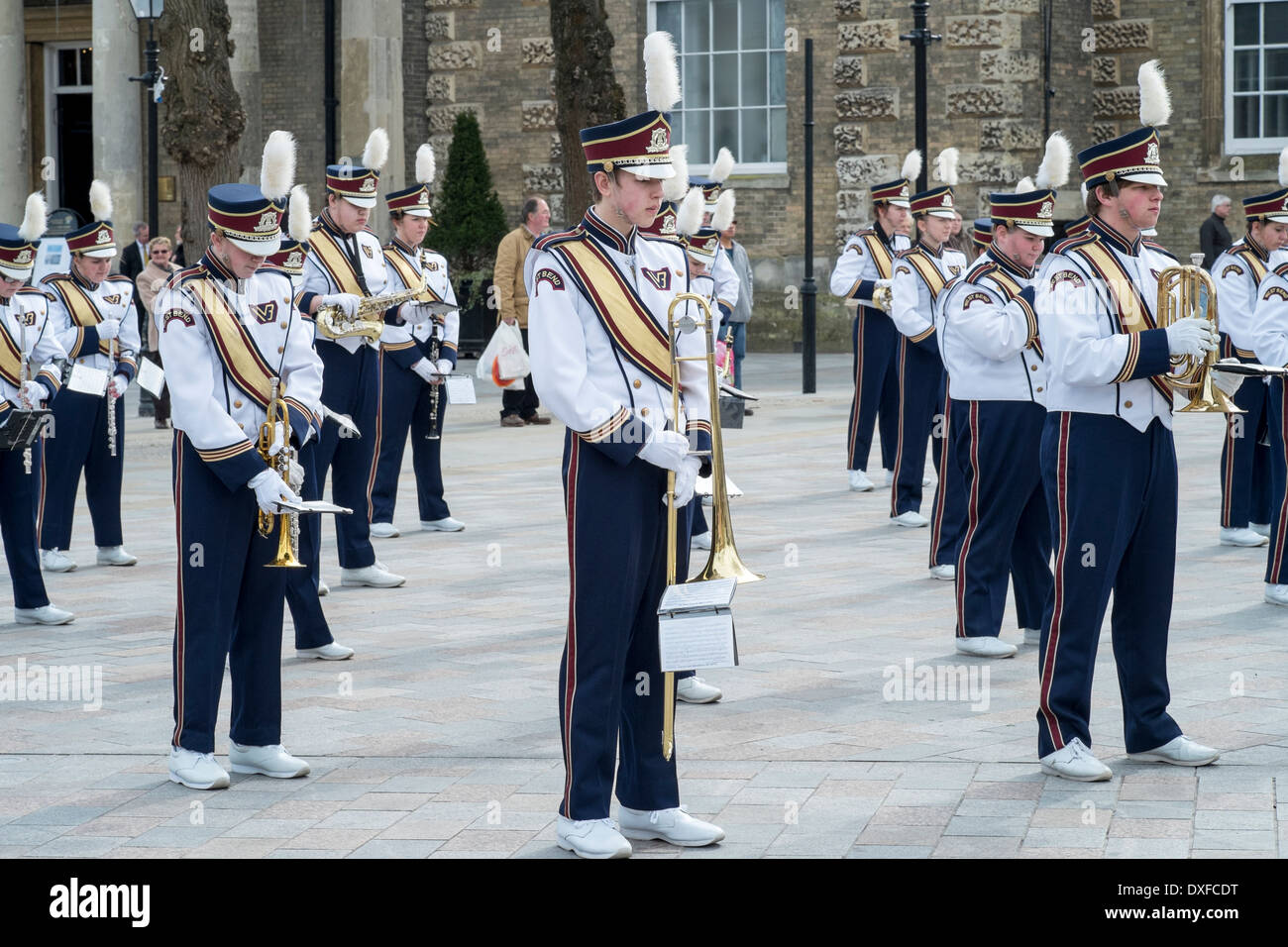 Teenage musicians of the West Bend High School marching band from Wisconsin USA performing in Salisbury Market Square UK Stock Photo
