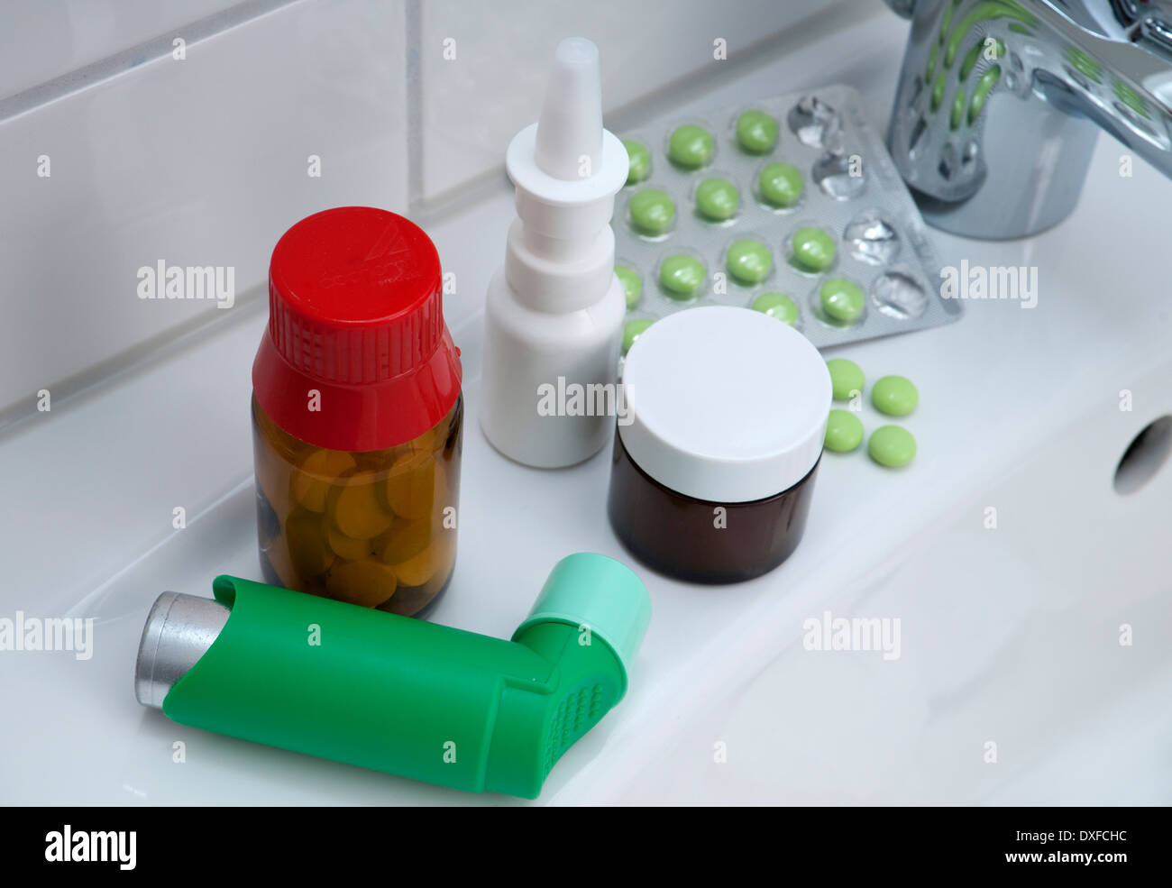 Variety of medications on bathroom sink, studio shot Stock Photo Alamy