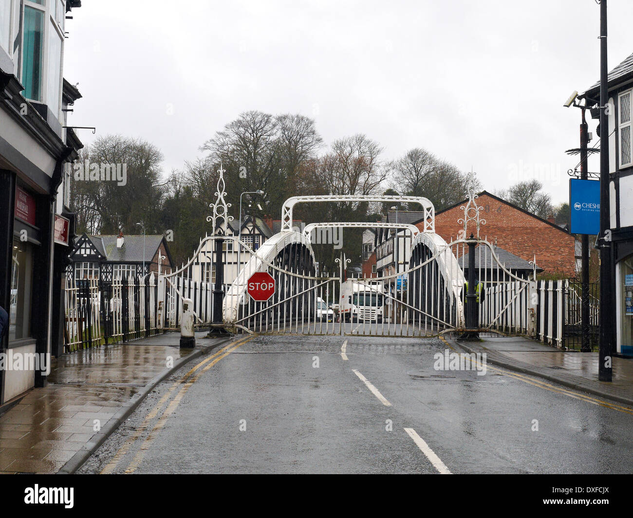 Closed town swing bridge over the river Weaver in Northwich UK Stock