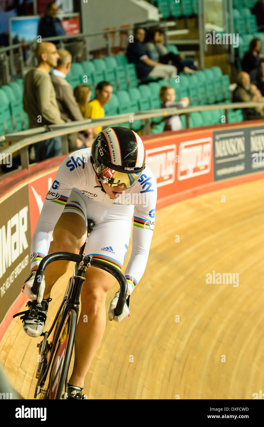 2013 World Sprint Champion Becky James racing in Revolution Series meet at the Manchester Velodrome or National Cycling Centre Stock Photo