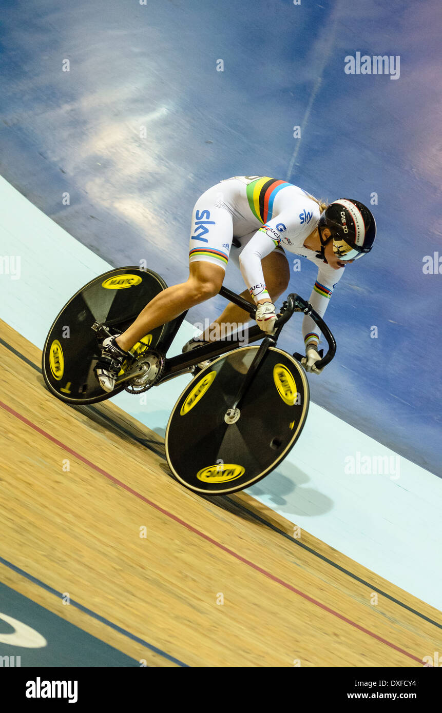 2013 World Sprint Champion Becky James racing in Revolution Series meet at the Manchester Velodrome or National Cycling Centre Stock Photo