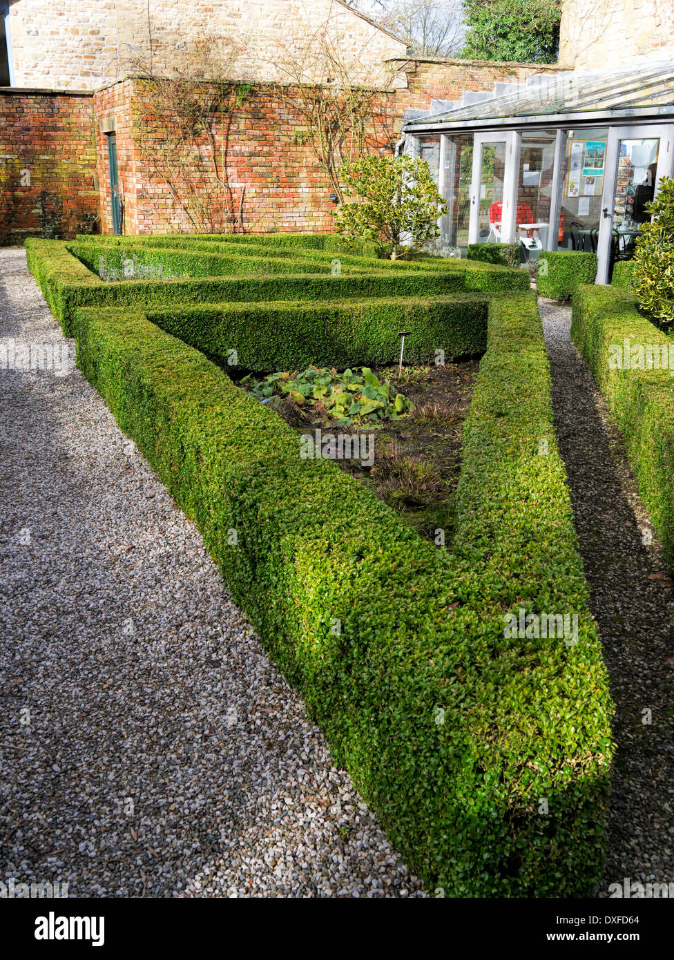 Walled garden with box walkway Stock Photo