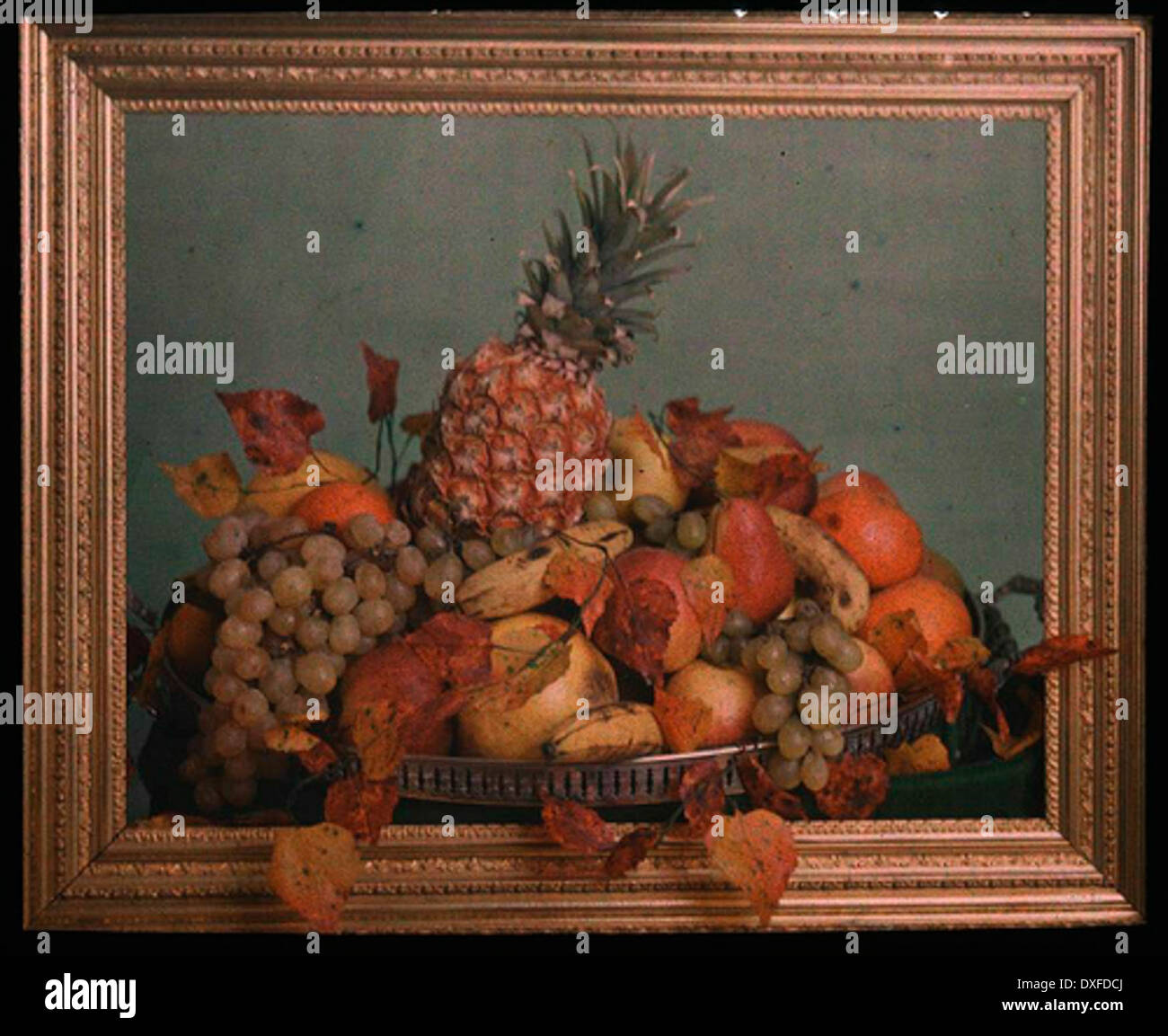 A still life study featuring a bowl of fruit positioned behind a gold ...