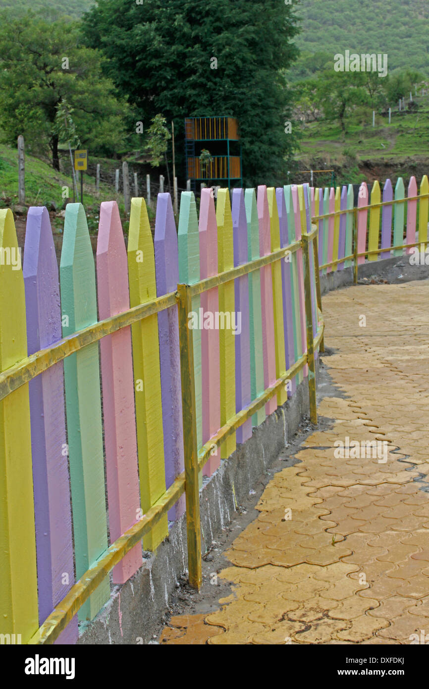 Colorful Wooden Compound, Wall in a School, Pune, Maharashtra, India Stock Photo