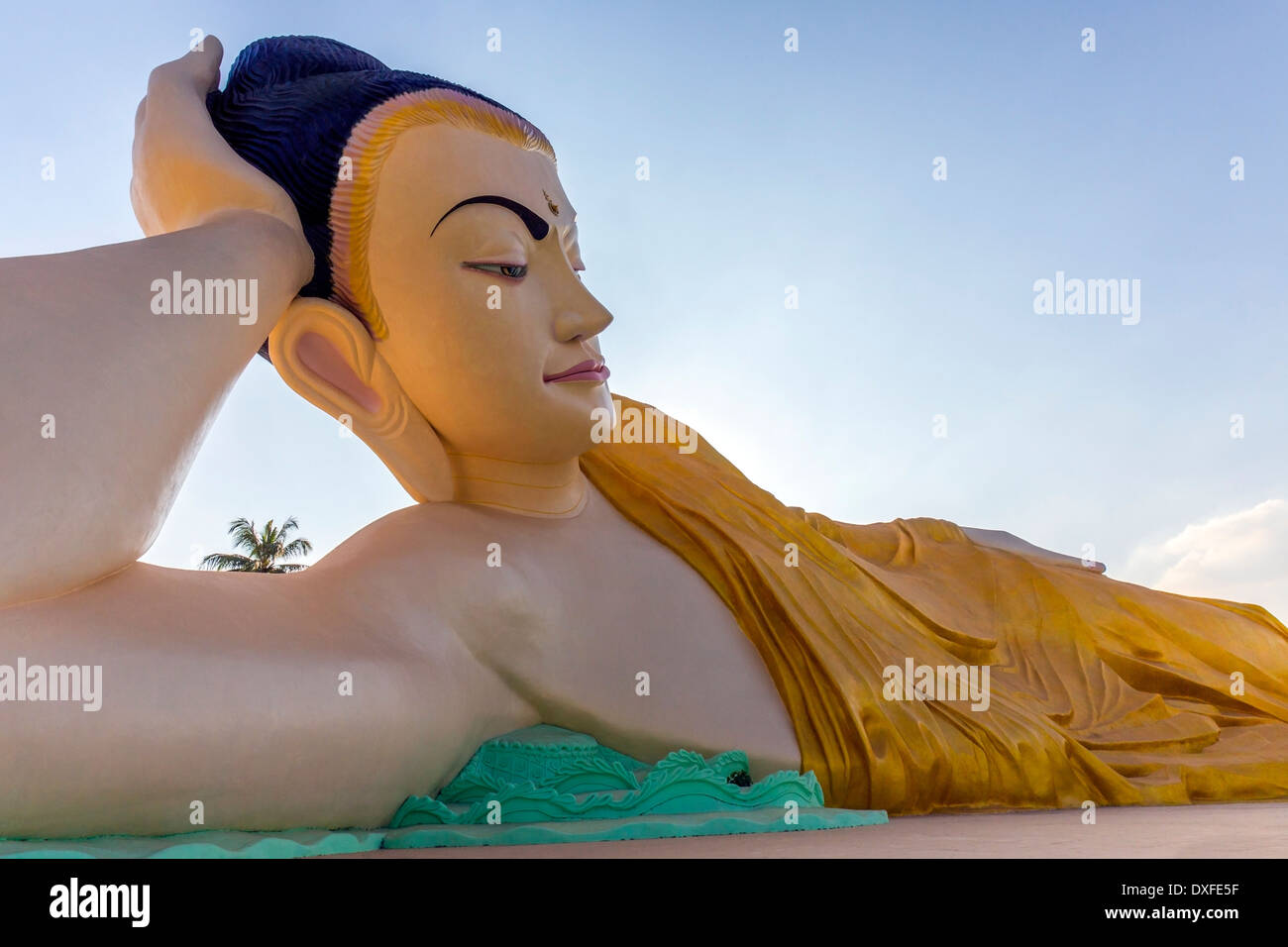 A huge reclining Buddha in Bago in Myanmar (Burma). Stock Photo