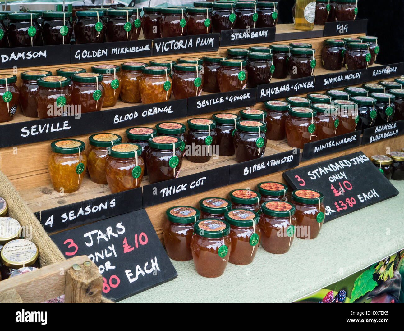 Market stall selling locally made Marmalade and Jams (Jelly) - Yorkshire in northeast England. Stock Photo