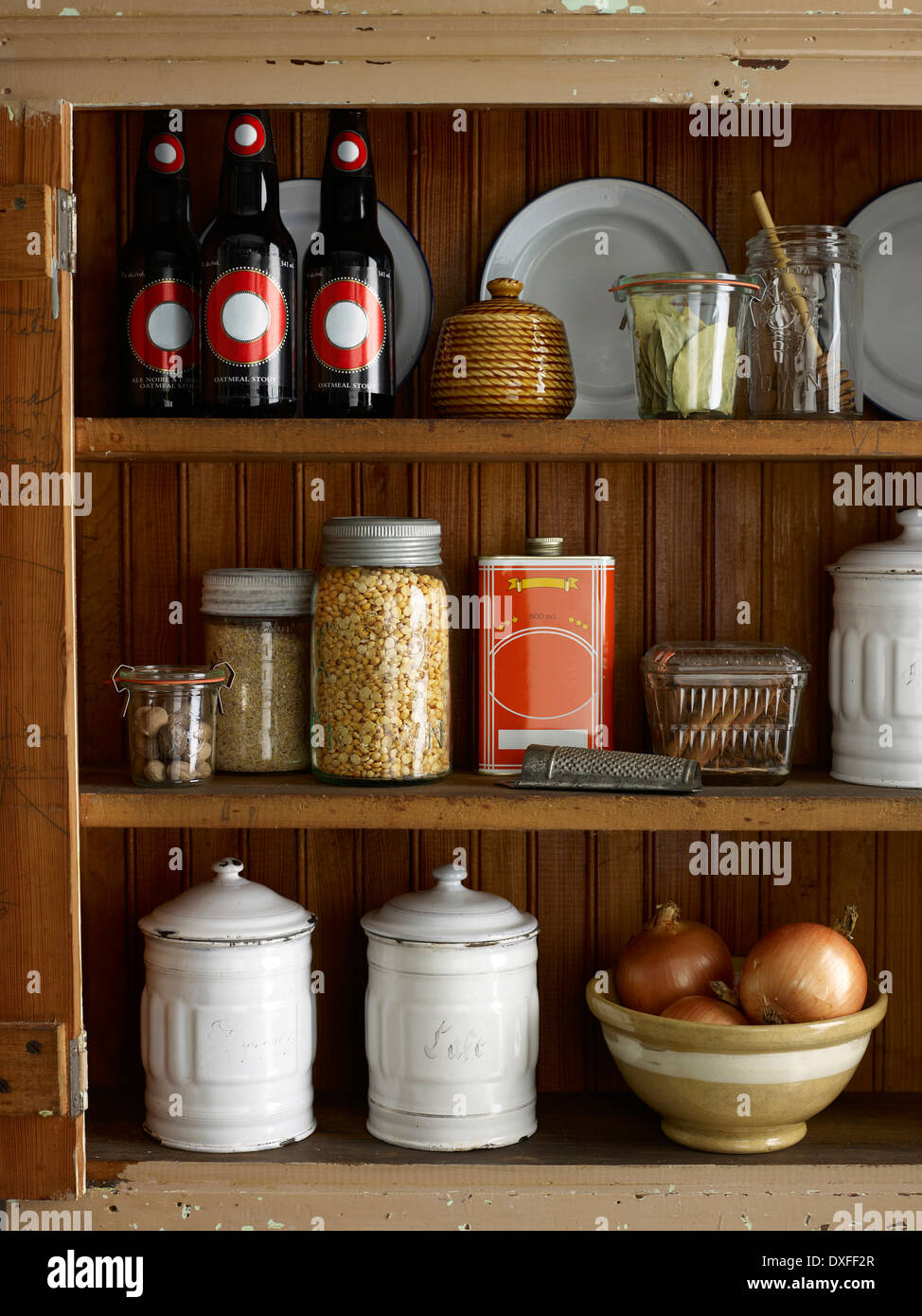 Kitchen Pantry with food supplies, studio shot Stock Photo
