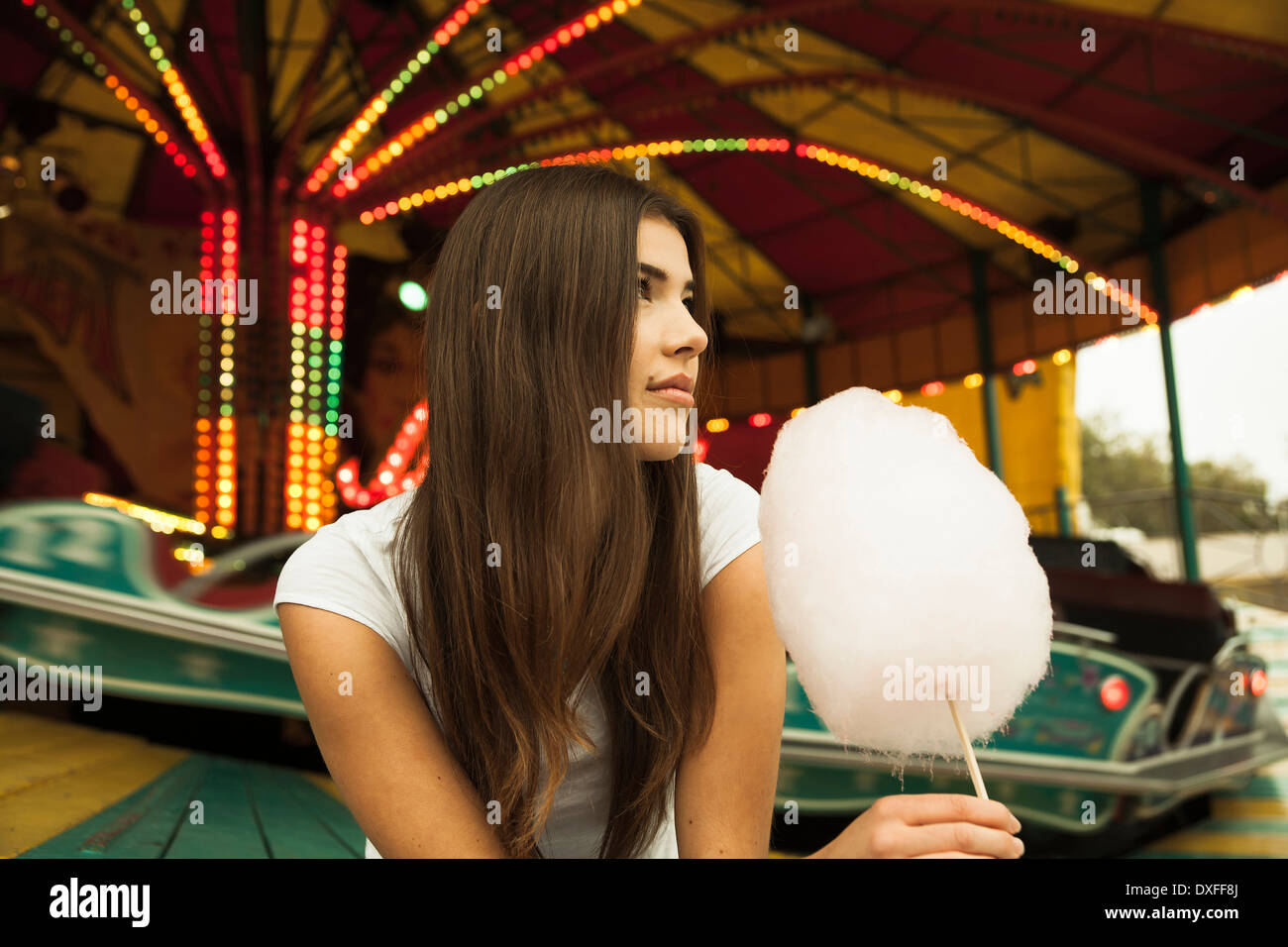 Portrait of Young Woman at Amusement Park, Mannheim, Baden-Wurttermberg, Germany Stock Photo