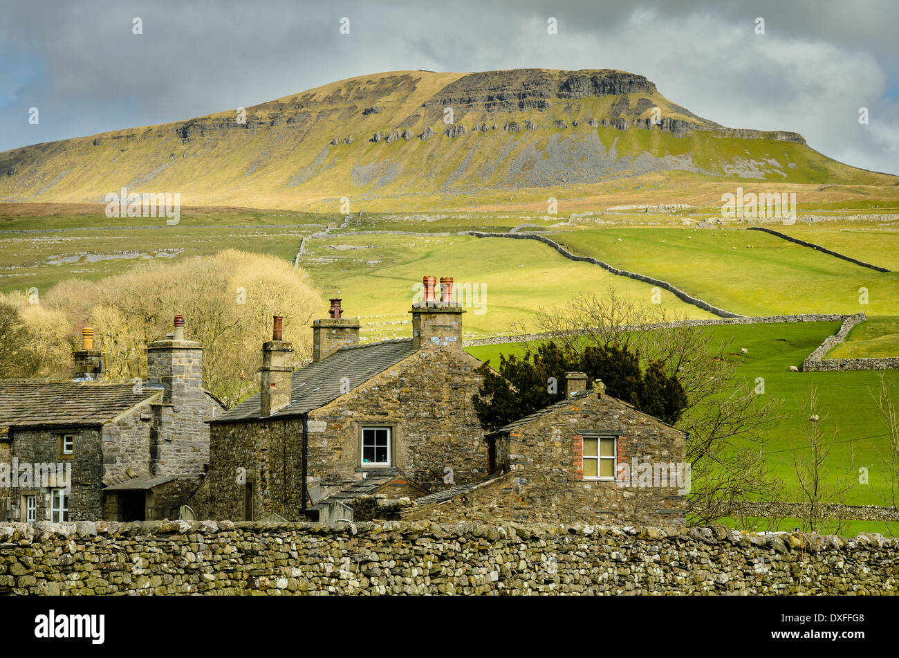 Pen-y-Ghent one of the Yorkshire Three Peaks looms over houses at Horton-in-Ribblesdale in the Yorkshire Dales National Park Stock Photo