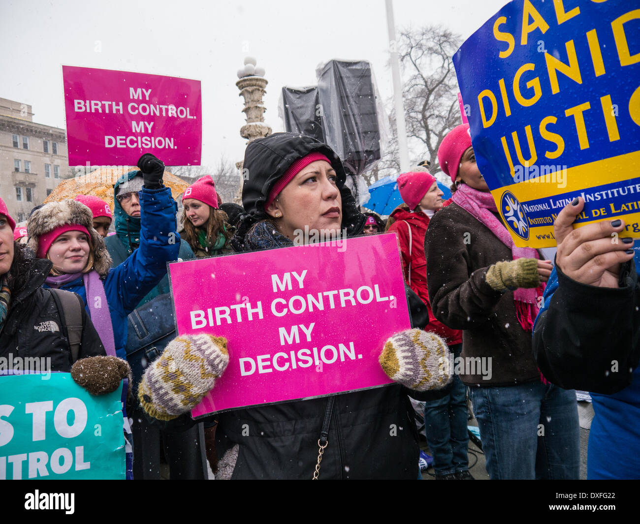 Washington, DC USA 25 March, 3014: Hundreds of women protested at the U.S. Supreme Court to voice opposition to the Hobby Lobby case, which seeks to give health exemptions for religious beliefs. The court heard arguments today in this contentious battle. Credit:  Ann Little/Alamy Live News Stock Photo