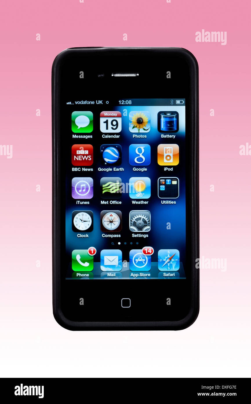 An Apple iPhone4 showing the Apps display. The iphone also has the outer rubber edge case. Stock Photo