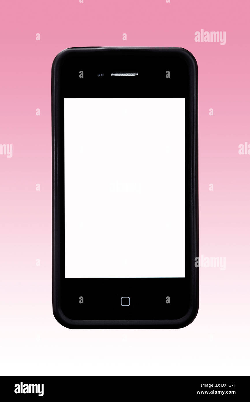 An Apple iPhone4 with blank screen (add text). This iphone also has an outer rubber edge case. Stock Photo