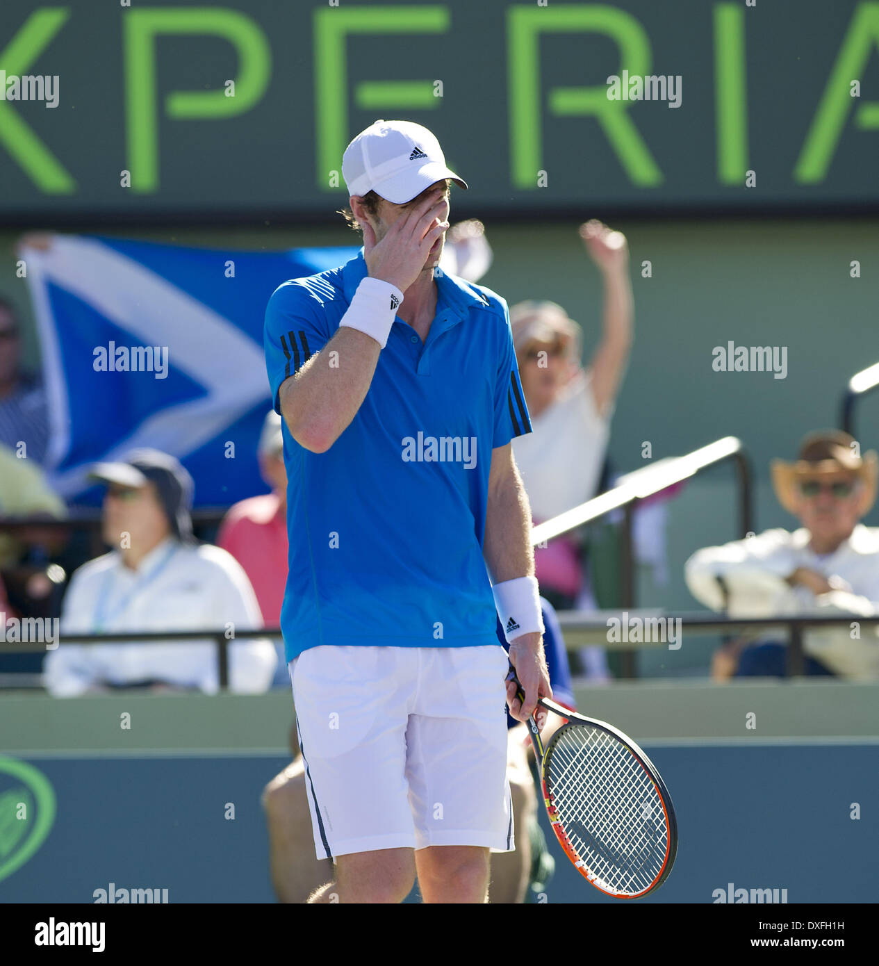 Key Biscayne, Florida, USA. 25th Mar, 2014. Key Biscayne - March 25: Fans wave the Scottish flag as ANDY MURRAY (GBR) defeats Jo-Wilfried Tsonga (FRA) 64, 61 during his Quarter Final match at the 2014 Sony Open Tennis tournament. (Photos by Andrew Patron) Credit:  Andrew Patron/ZUMAPRESS.com/Alamy Live News Stock Photo