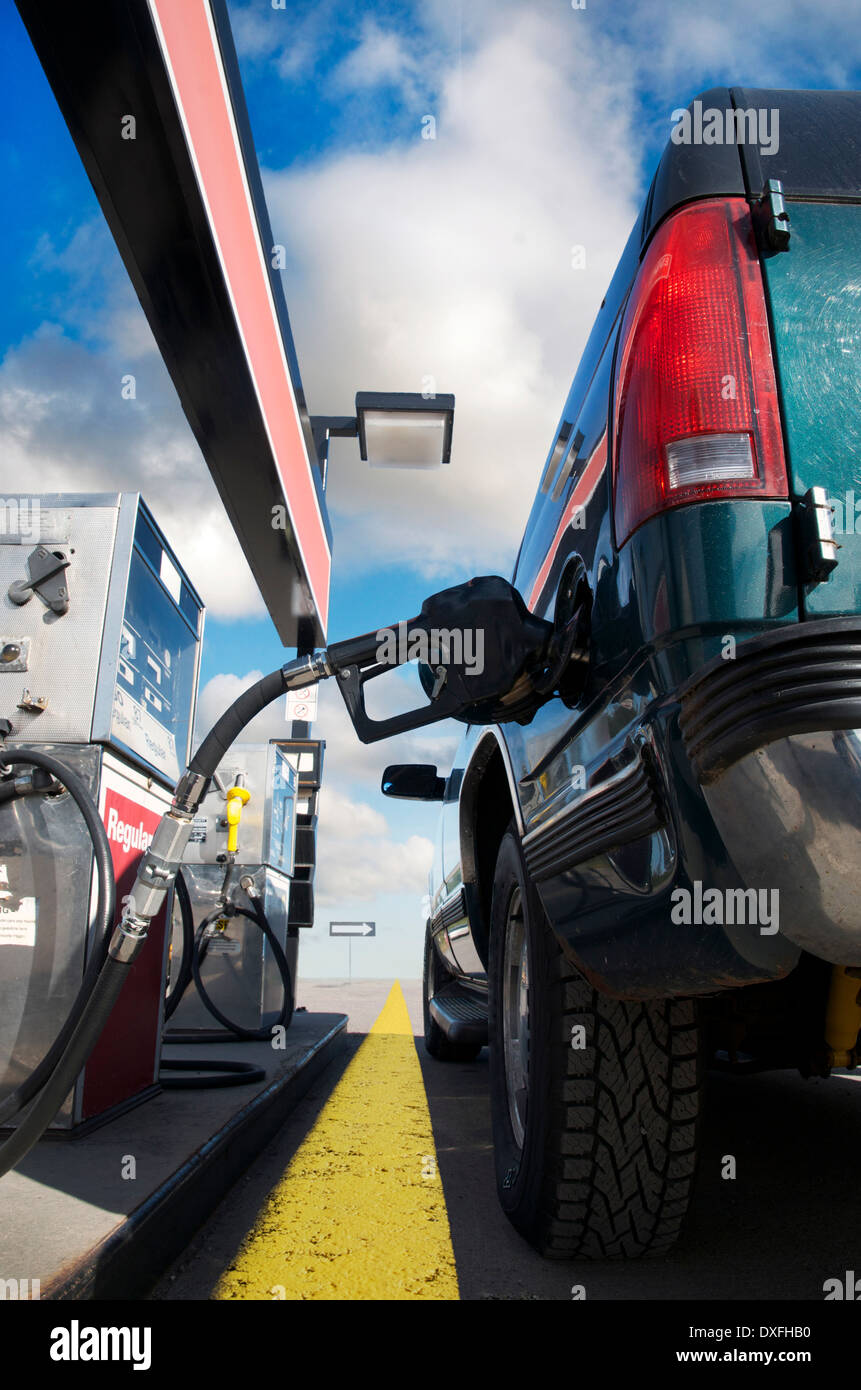 Close-up of truck being filled up at gas station, Trans Canada Highway, near Thunder Bay, Ontario, Canada Stock Photo