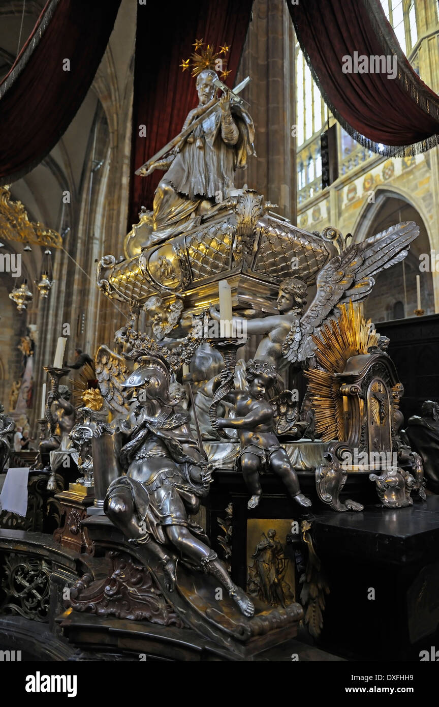 Show coffin of St Nepomuk, St. Vitus Cathedral, Prague Castle, Castle District, Hradcany, Prague, Bohemia, Czech Republic Stock Photo