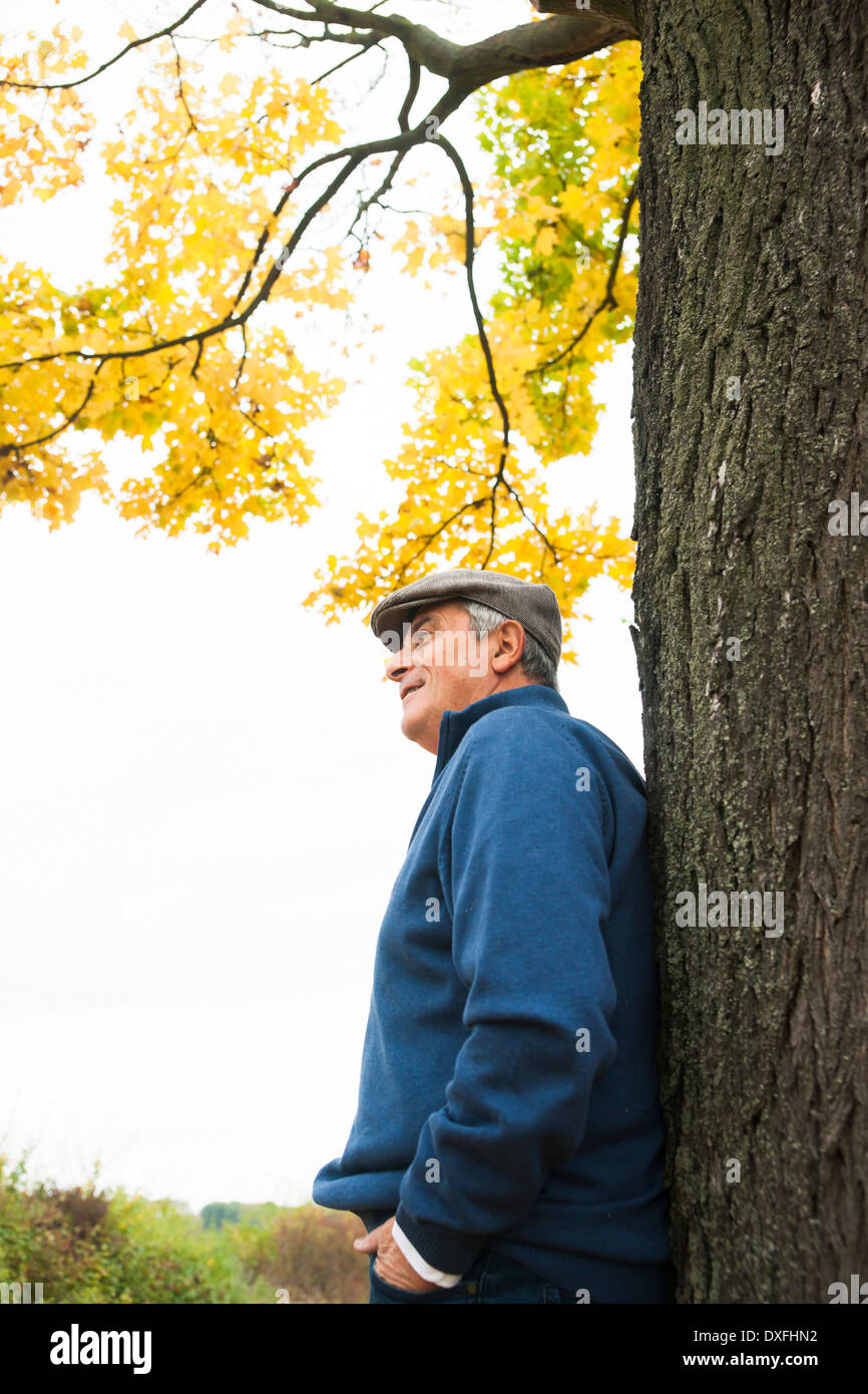 Senior Man leaning against Tree in Autumn, Mannheim, Baden-Wurttemberg, Germany Stock Photo