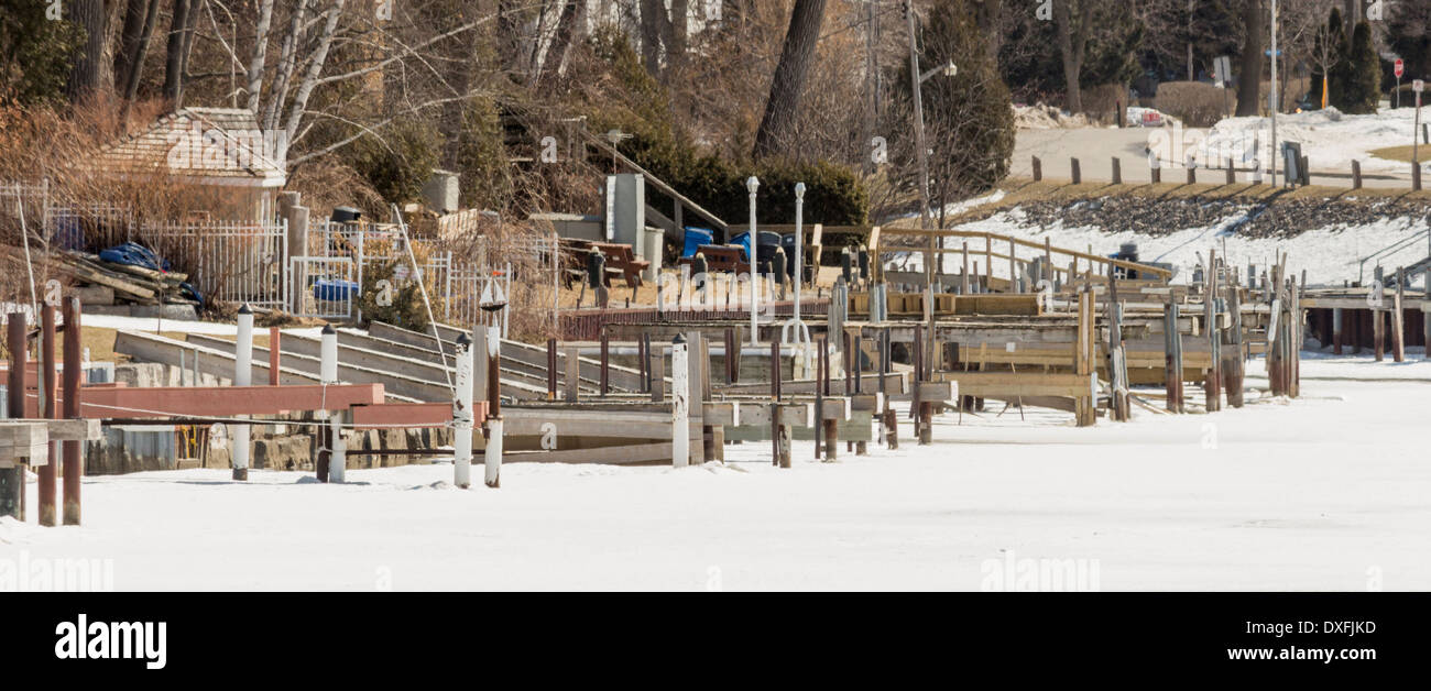 Docks of the Grand Bend Yacht Club sit frozen in the Ausable River just