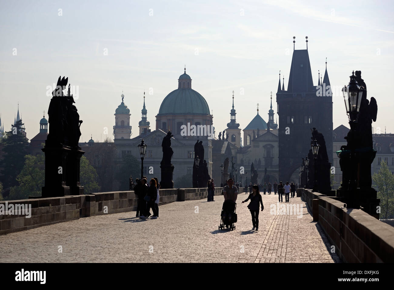 Tourists on Charles Bridge, Prague, Bohemia, Czech Republic Stock Photo
