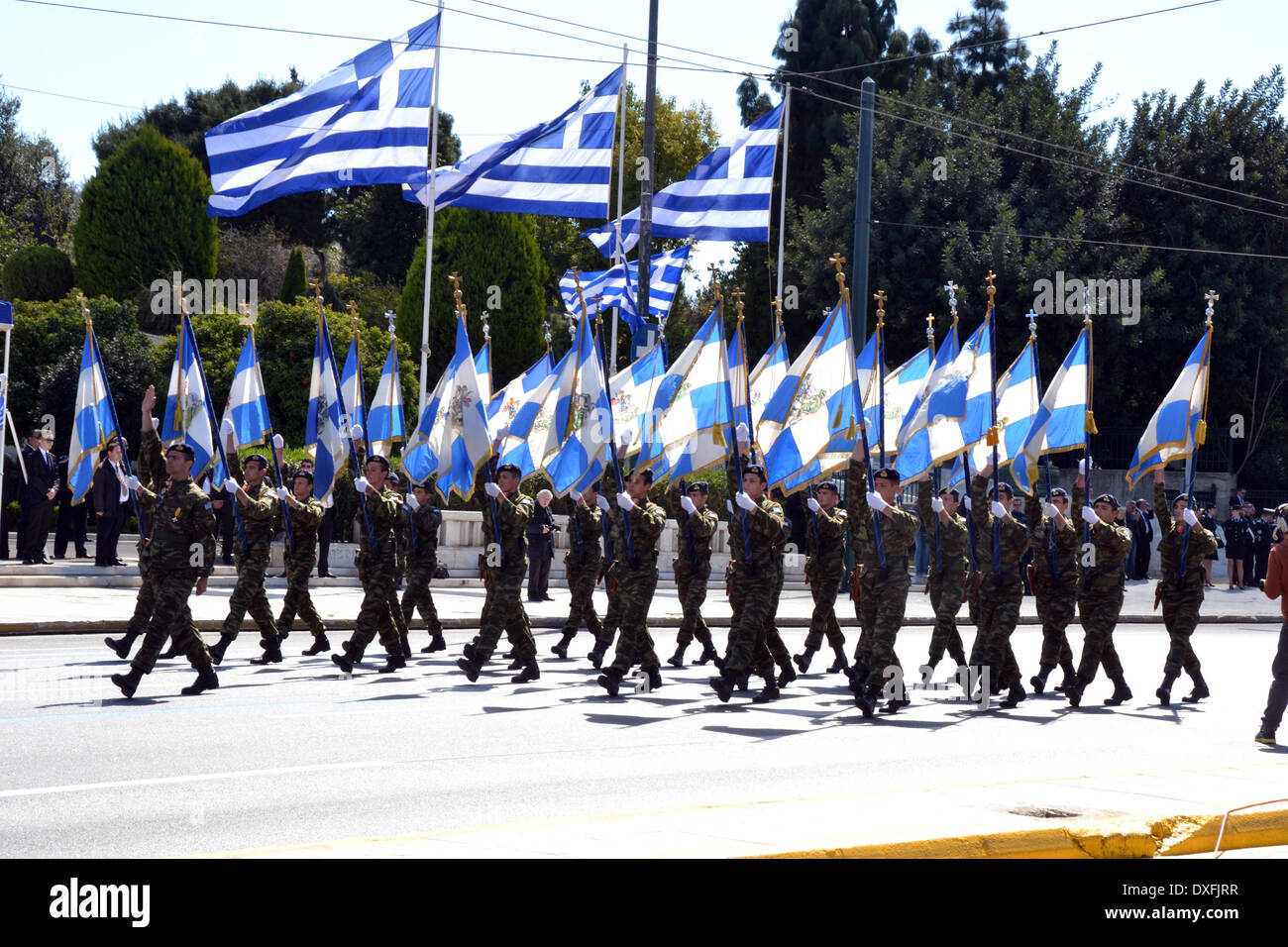 Athens, Greece March 25th Greek soldiers holding Battle flags parade