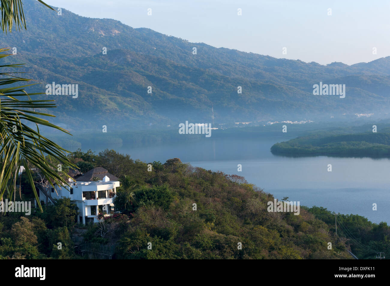 Santiago Bay and Sierra Madre mountains of Manzanillo Mexico at sunrise Stock Photo
