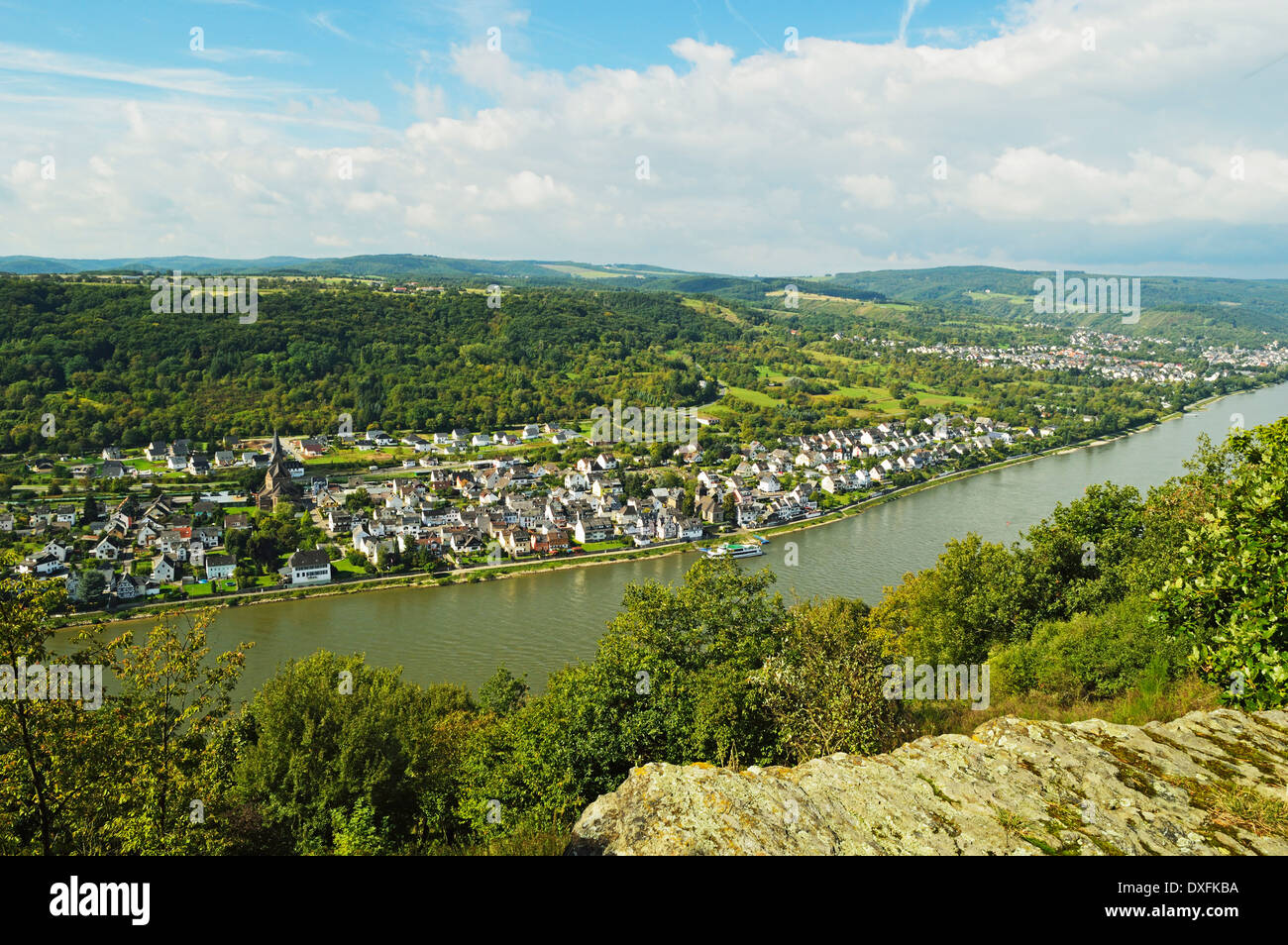 Rhine River and Rhens, Rhineland-Palatinate, Germany Stock Photo