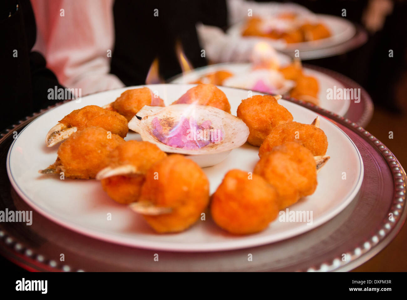 Closeup of traditional Chinese crab appetizers on platter, wedding