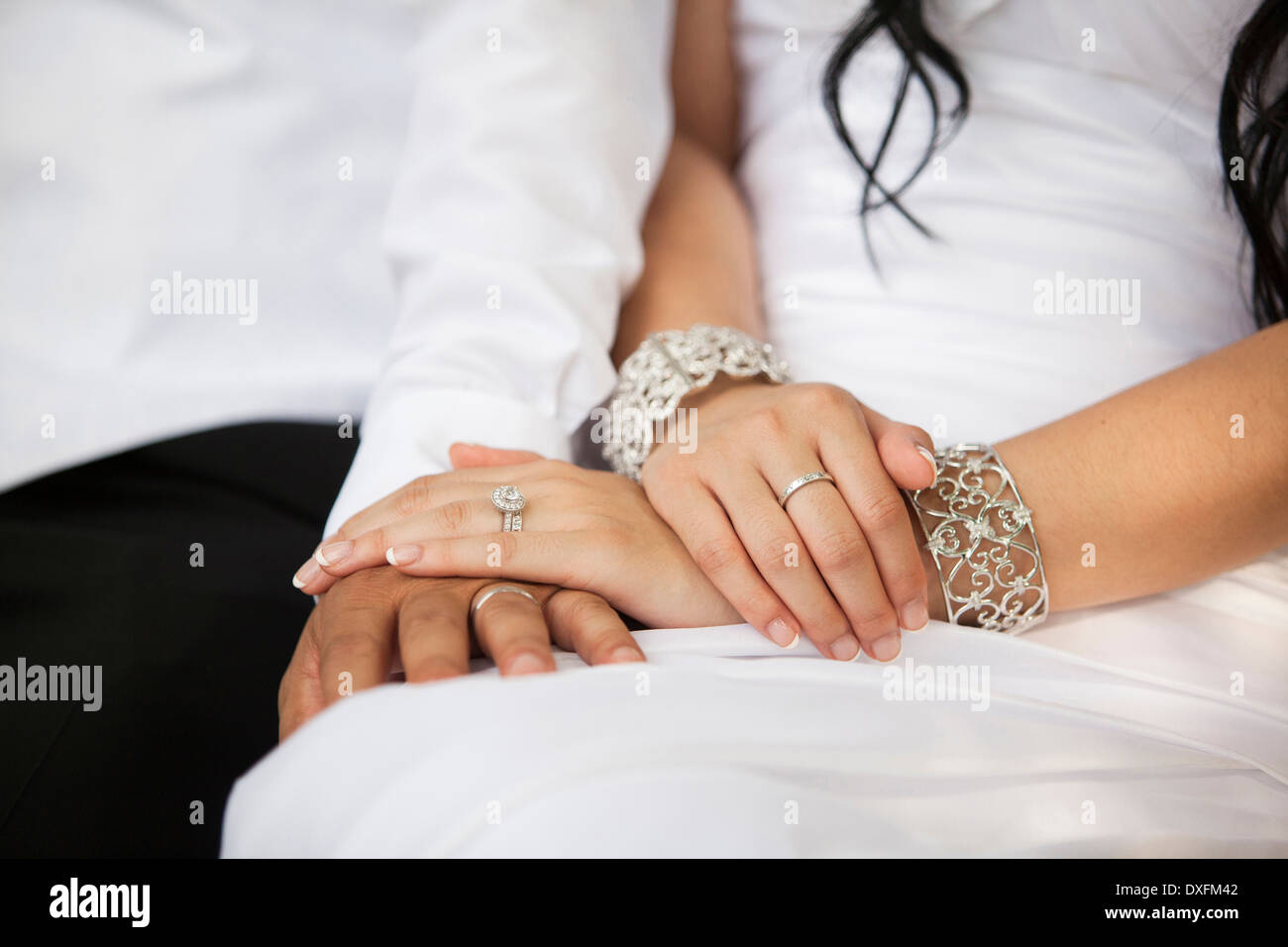 Close-up of Bride and Groom's hands, Wedding Day, Ontario, Canada Stock Photo