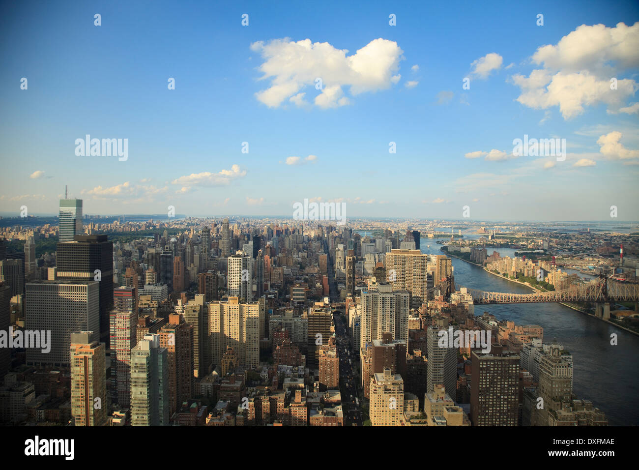 Elevated view up First Avenue, Manhattan with East River on right. Stock Photo