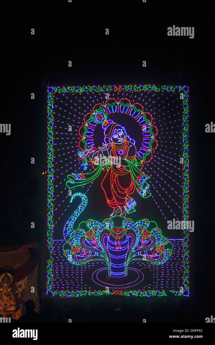 Colourful representation of God Krishna using led lights, Ganesh Festival, Pune, Maharashtra, India Stock Photo