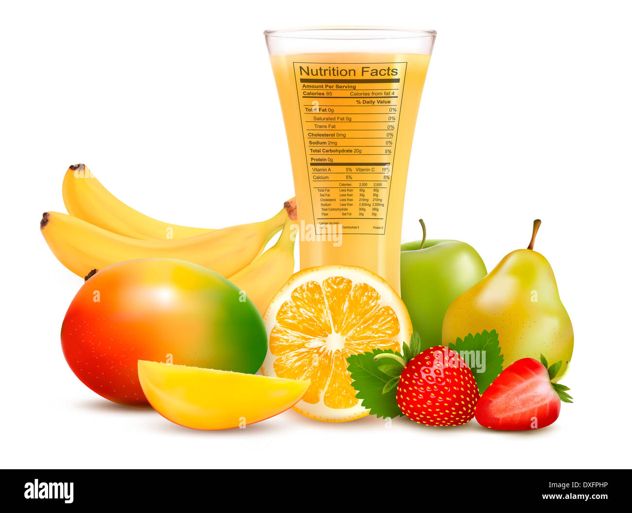 Fresh fruit and a glass of juice with a nutrition facts label. Vector illustration Stock Photo