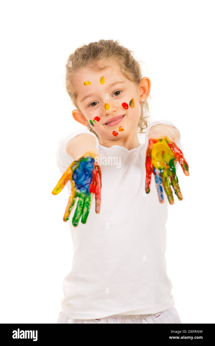 Hand Mess Girl showing messy colorful hands isolated on white background Stock ...
