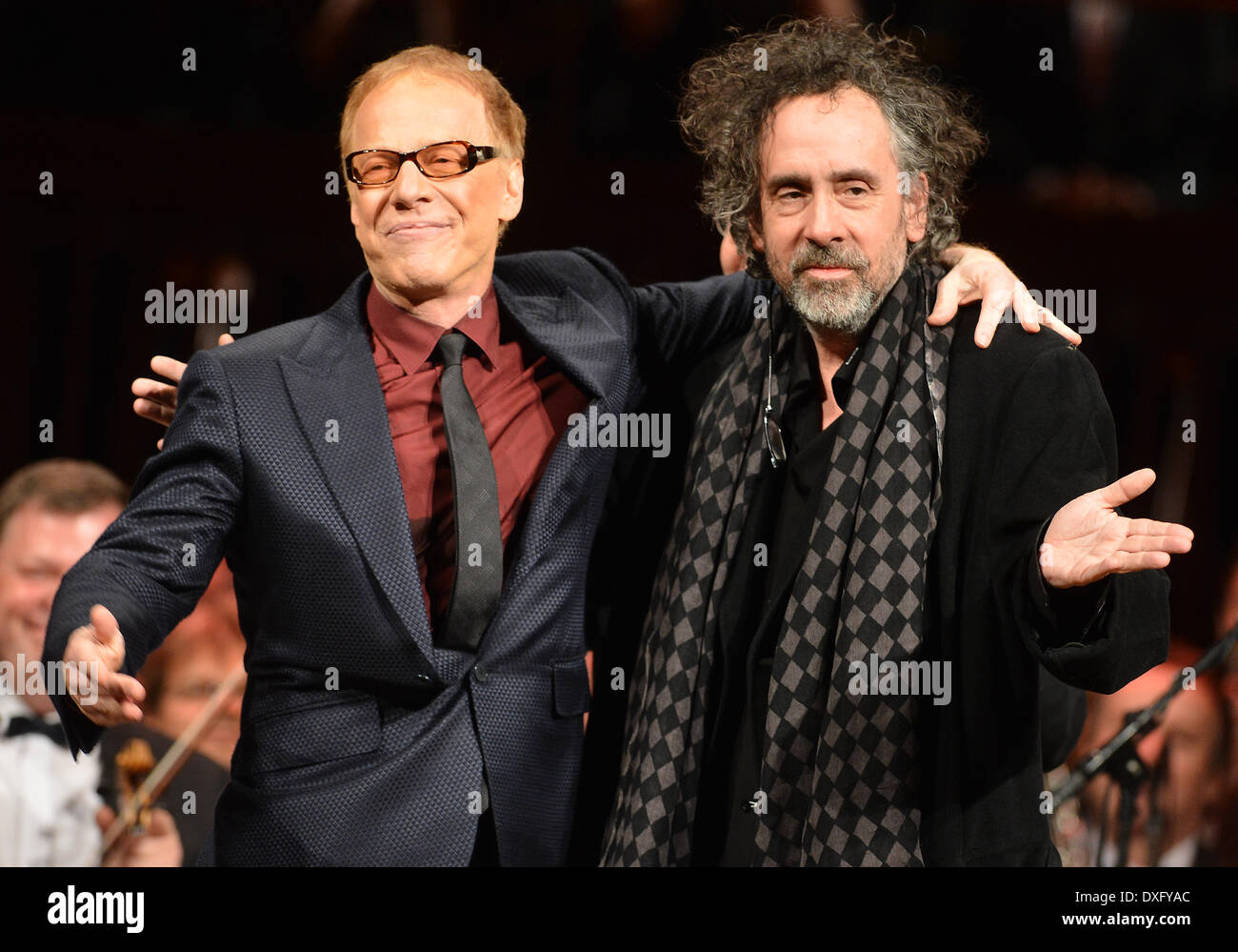 Prague, Czech Republic. 25th Mar, 2014. Composer Danny Elfman, left, and US  famous filmmaker Tim Burton react during the concert the Danny Elfman's  Music from the Films of Tim Burton in Prague,