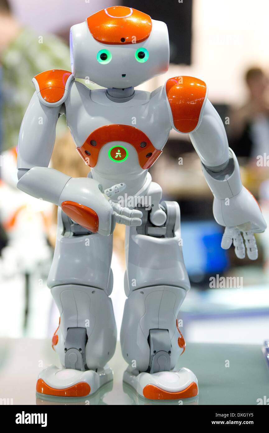 A Nao Next Gen Robot of French robot producer Aldebaran Robotics is displayed at the education fair 'Didacta' in Stuttgart, Germany, 25 March 2014. Photo: Sebastian Kahnert/dpa Stock Photo