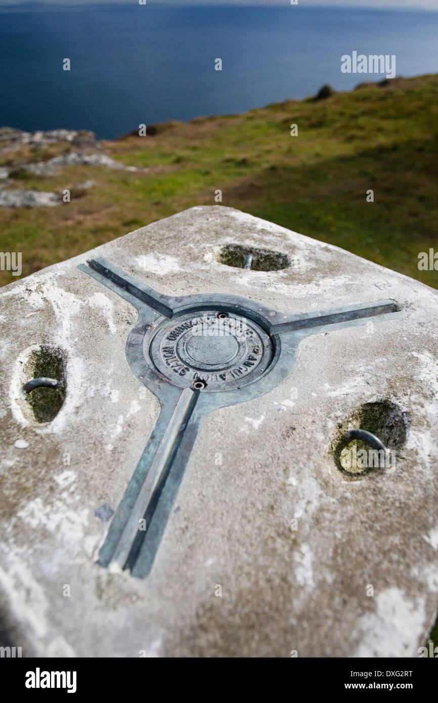 Ornance Survey Trig Point (trigonometrical station), Mull of Oa, Isle of Islay, Scotland Stock Photo