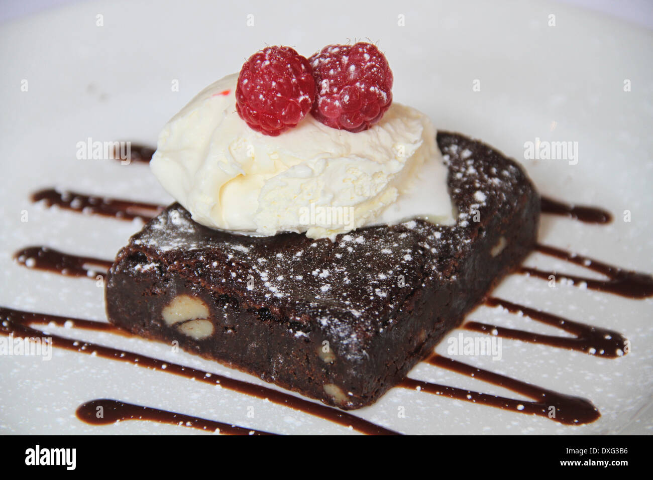Chocolate Brownie Cake With Cream Stock Photo