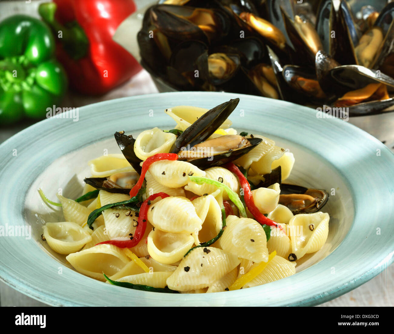 Bowl Of Conchigle And Mussels With Peppers Stock Photo