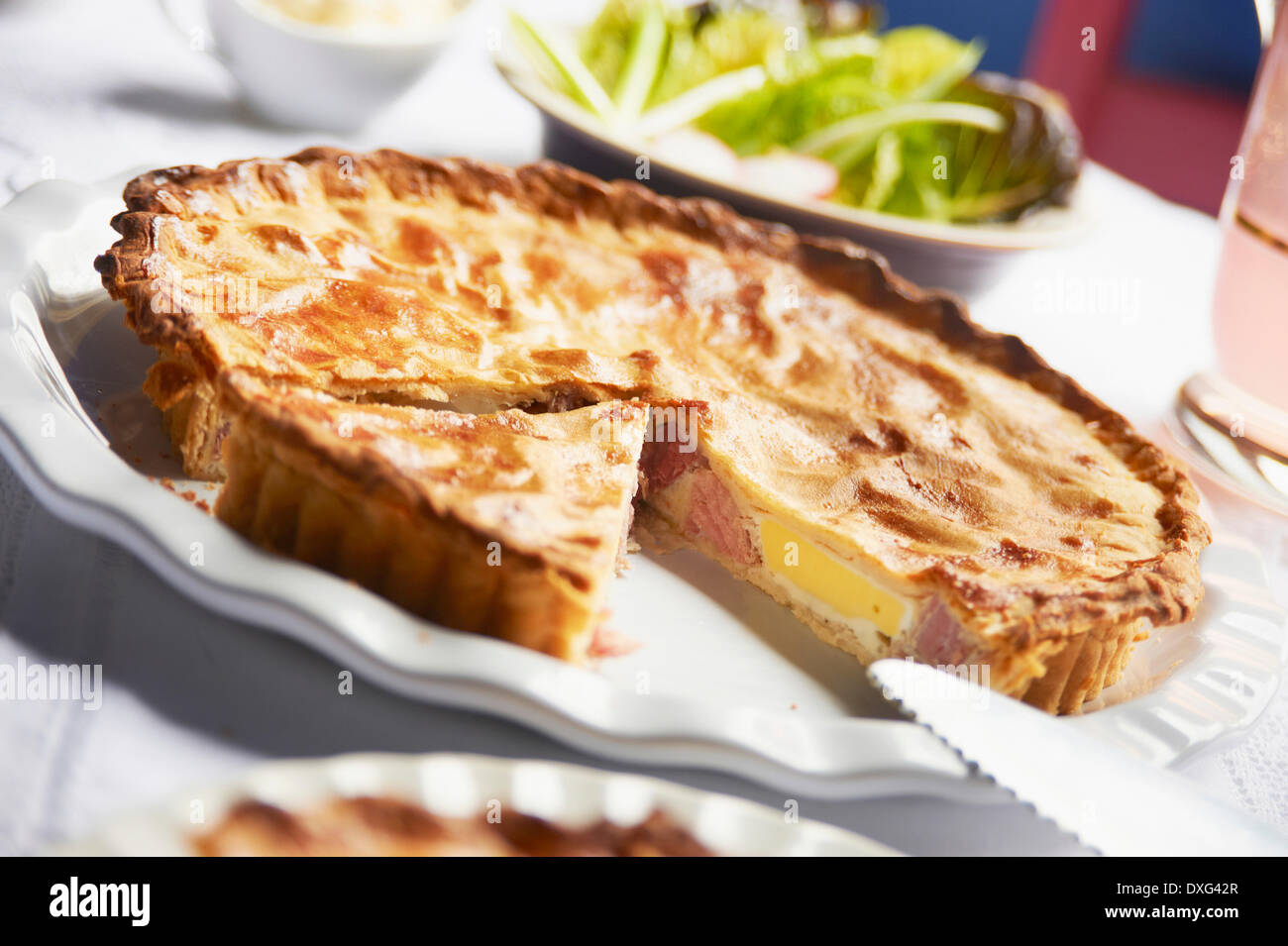 Homemade Ham And Egg Pie On Plate Stock Photo