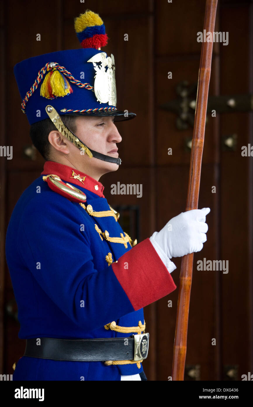 Ceremonial Guard at the Palacio de la Gobierno (Presidential Palace) in Plaza de la Independencia in Quito, Ecuador. Stock Photo